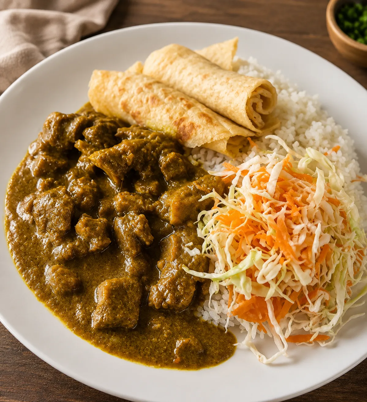 Jamaican curry goat served with roti at Bikkles N’ Tings in Edmonton, AB