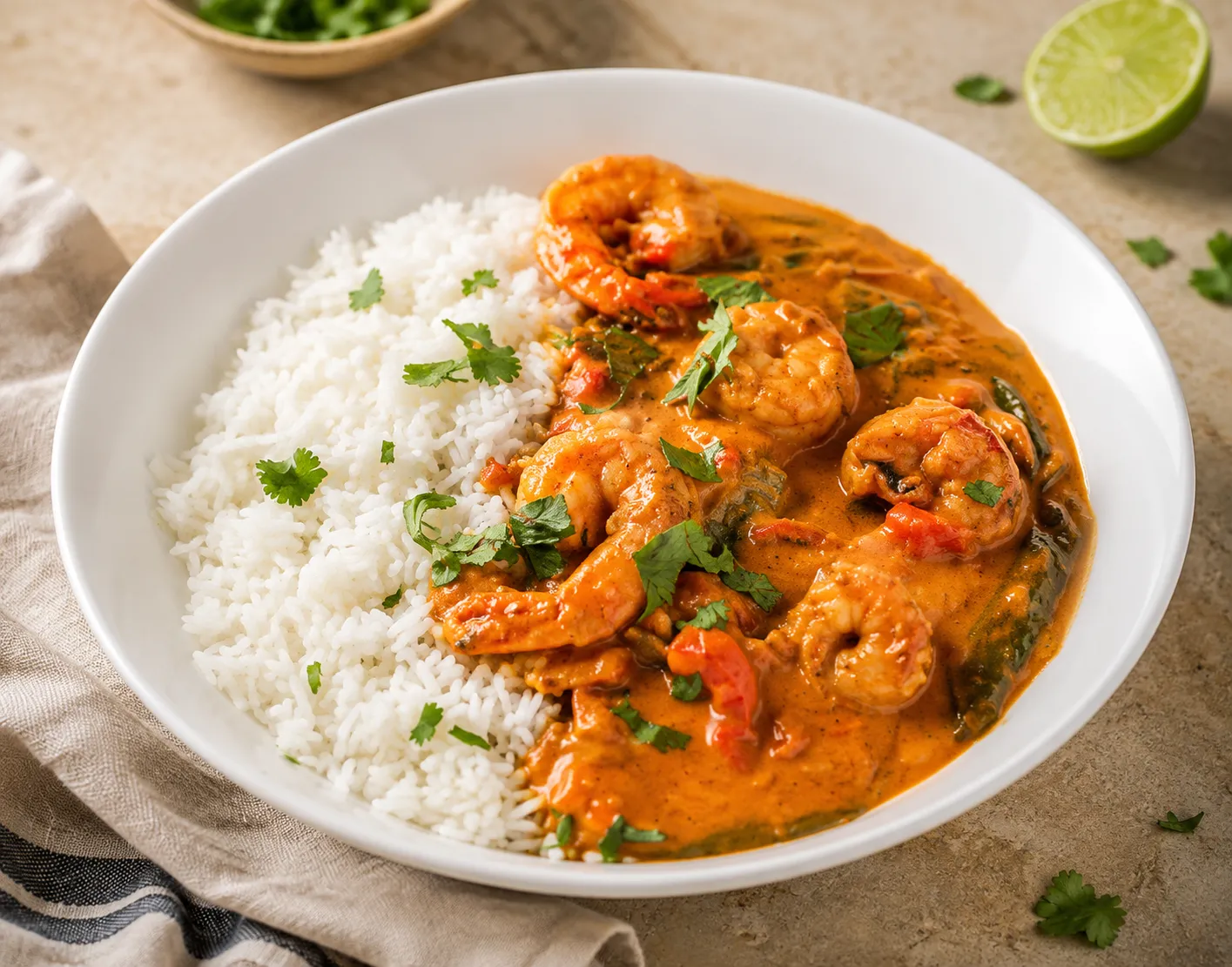 Caribbean curry shrimp plate with rice and peas at Bikkles N’ Tings Caribbean Eatery in Edmonton