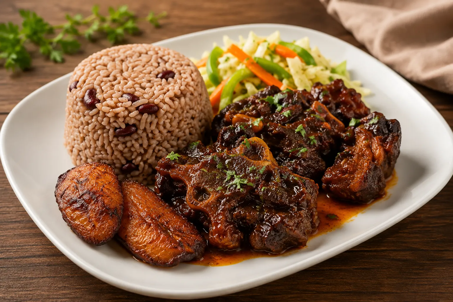 Jamaican oxtail plate with rice and peas at Bikkles N’ Tings Caribbean Eatery in Edmonton, AB