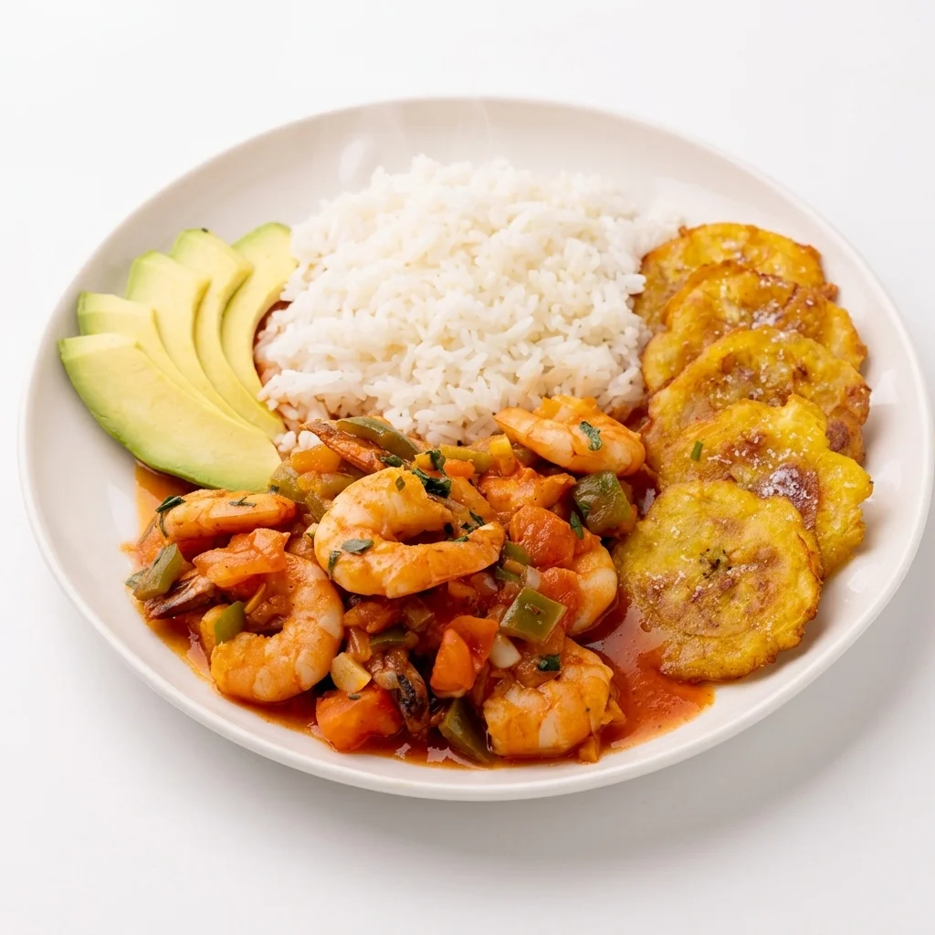 Jamaican stewed shrimp plate with rice and peas at Bikkles N’ Tings Caribbean Eatery in Edmonton